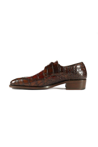 Ambrogio Dark Brown & Burgundy Crocodile Print / Calf-Skin Leather Monk Strap (AMBX1001)-AmbrogioShoes