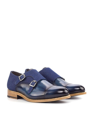 Ambrogio Denim & Jeans Fabric / Patina Leather Monk-Straps Loafers (AMB1817)-AmbrogioShoes