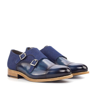 Ambrogio Denim & Jeans Fabric / Patina Leather Monk-Straps Loafers (AMB1817)-AmbrogioShoes