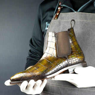 Ambrogio Forest Green Crocodile Print / Cairo Patina Leather Chelsea Boots (AMBS1639)-AmbrogioShoes