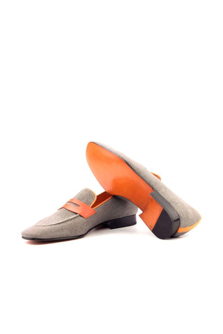 Ambrogio Gray & Orange Linen / Calf-Skin Leather Penny Loafers (AMB1476)-AmbrogioShoes