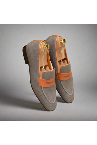 Ambrogio Gray & Orange Linen / Calf-Skin Leather Penny Loafers (AMB1476)-AmbrogioShoes