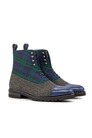Ambrogio Green, Black & Navy Fabric / Calf-Skin Leather Balmoral Boots (AMB1840)-AmbrogioShoes