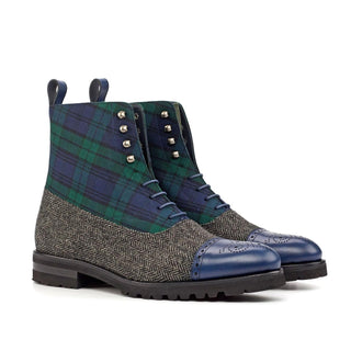 Ambrogio Green, Black & Navy Fabric / Calf-Skin Leather Balmoral Boots (AMB1840)-AmbrogioShoes