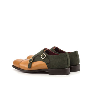 Ambrogio Green & Cognac Fabric / Calf-Skin Leather Monk-Straps Loafers (AMB1836)-AmbrogioShoes