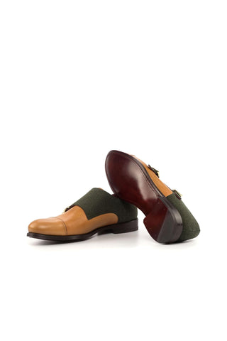 Ambrogio Green & Cognac Fabric / Calf-Skin Leather Monk-Straps Loafers (AMB1836)-AmbrogioShoes