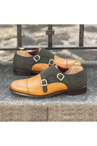 Ambrogio Green & Cognac Fabric / Calf-Skin Leather Monk-Straps Loafers (AMB1836)-AmbrogioShoes