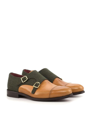 Ambrogio Green & Cognac Fabric / Calf-Skin Leather Monk-Straps Loafers (AMB1836)-AmbrogioShoes