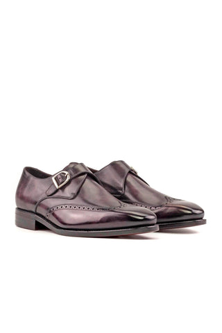 Ambrogio Handmade Aubergine Purple Patina Leather Wingtip Monk Strap (AMB2291)-AmbrogioShoes