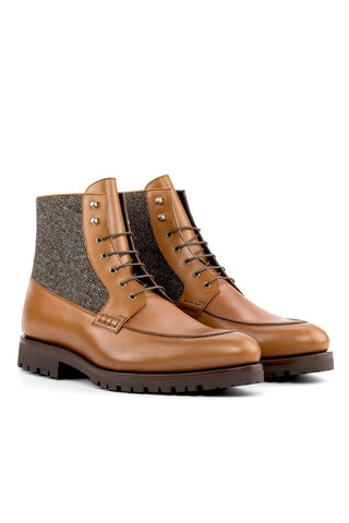 Ambrogio Handmade Black & Brown Herringbone Fabric / Calf-Skin Leather Mocassin Boots (AMB2264)-AmbrogioShoes