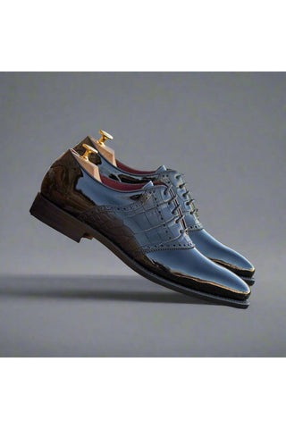 Ambrogio Handmade Black Crocodile Embossed / Patent Formal Saddle Oxfords (AMB2285)-AmbrogioShoes