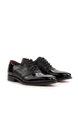 Ambrogio Handmade Black Crocodile Print / Patent Formal Saddle Oxfords (AMB2285)-AmbrogioShoes
