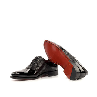 Ambrogio Handmade Black Crocodile Print / Patent Leather Formal Saddle Oxfords (AMB2285)-AmbrogioShoes