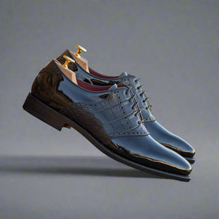 Ambrogio Handmade Black Crocodile Print / Patent Leather Formal Saddle Oxfords (AMB2285)-AmbrogioShoes