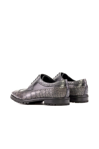 Ambrogio Handmade Black & Gray Crocodile Embossed / Calf-Skin Leather Wingtip Derby (AMB2271)-AmbrogioShoes