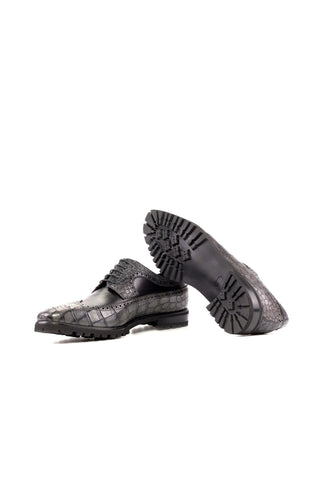 Ambrogio Handmade Black & Gray Crocodile Embossed / Calf-Skin Leather Wingtip Derby (AMB2271)-AmbrogioShoes