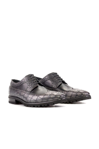 Ambrogio Handmade Black & Gray Crocodile Embossed / Calf-Skin Leather Wingtip Derby (AMB2271)-AmbrogioShoes