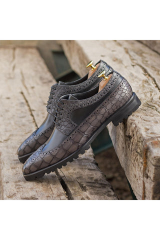 Ambrogio Handmade Black & Gray Crocodile Print / Calf-Skin Leather Wingtip Derby (AMB2271)-AmbrogioShoes