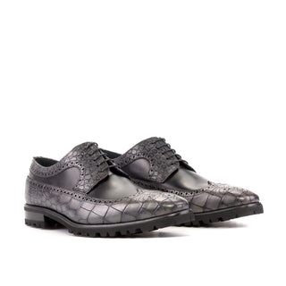Ambrogio Handmade Black & Gray Crocodile Print / Calf-Skin Leather Wingtip Derby (AMB2271)-AmbrogioShoes