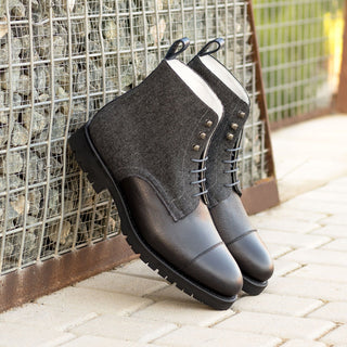 Ambrogio Handmade Black & Gray Flannel Fabric / Full Grain Leather Jumper Boots (AMB2410)-AmbrogioShoes