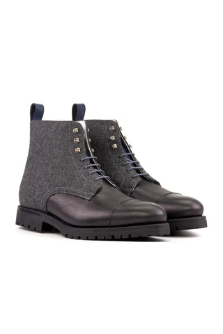 Ambrogio Handmade Black & Gray Flannel Fabric / Full Grain Leather Jumper Boots (AMB2410)-AmbrogioShoes