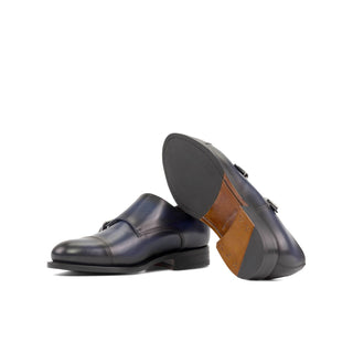 Ambrogio Handmade Blue Calf-Skin Leather Cap-Toe Monk-Straps Loafers (AMB2300)-AmbrogioShoes
