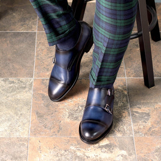 Ambrogio Handmade Blue Calf-Skin Leather Cap-Toe Monk-Straps Loafers (AMB2300)-AmbrogioShoes