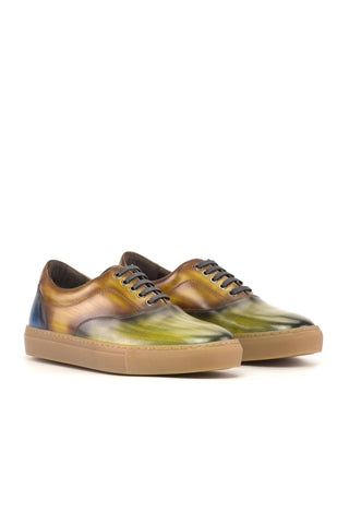 Ambrogio Handmade Blue, Green & Cognac Patina Leather Casual Sneakers (AMB2338)-AmbrogioShoes