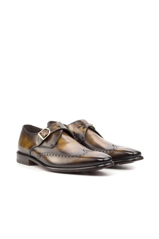 Ambrogio Handmade Brown & Camo Patina Leather Monk Strap (AMB2378)-AmbrogioShoes