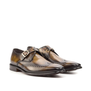 Ambrogio Handmade Brown & Camo Patina Leather Monk Strap (AMB2378)-AmbrogioShoes
