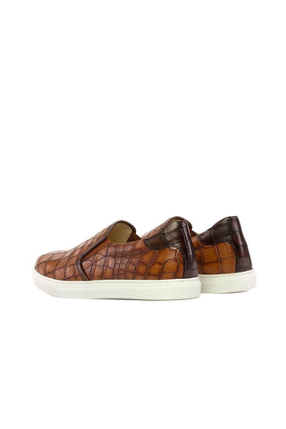 Ambrogio Handmade Brown Crocodile Embossed Leather Slip-On Sneakers (AMB2274)-AmbrogioShoes