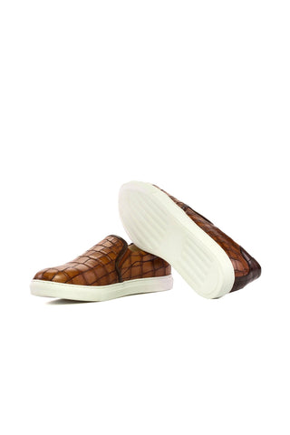 Ambrogio Handmade Brown Crocodile Embossed Leather Slip-On Sneakers (AMB2274)-AmbrogioShoes