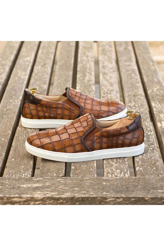 Ambrogio Handmade Brown Crocodile Embossed Leather Slip-On Sneakers (AMB2274)-AmbrogioShoes
