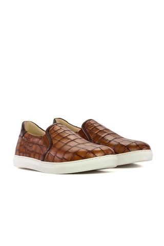 Ambrogio Handmade Brown Crocodile Embossed Leather Slip-On Sneakers (AMB2274)-AmbrogioShoes