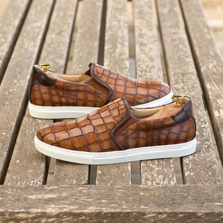 Ambrogio Handmade Brown Crocodile Print Leather Slip-On Sneakers (AMB2274)-AmbrogioShoes