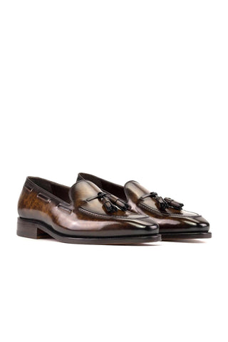 Ambrogio Handmade Brown Patina Leather Tassels Loafers (AMB2312)-AmbrogioShoes