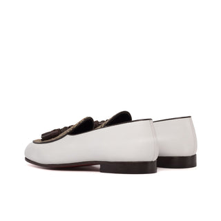 Ambrogio Handmade Brown & White Calf-Skin Leather / Fabric Tassels Belgian Slipper (AMB2283)-AmbrogioShoes