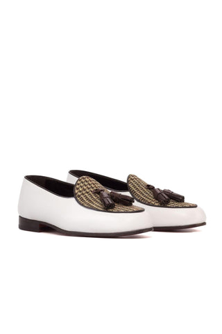 Ambrogio Handmade Brown & White Calf-Skin Leather / Fabric Tassels Belgian Slipper (AMB2283)-AmbrogioShoes