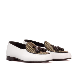Ambrogio Handmade Brown & White Calf-Skin Leather / Fabric Tassels Belgian Slipper (AMB2283)-AmbrogioShoes