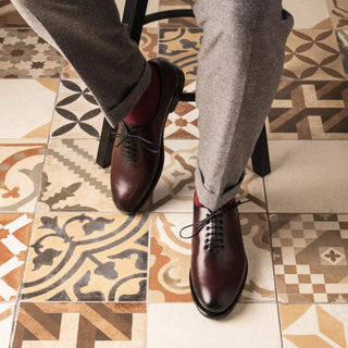 Ambrogio Handmade Burgundy Calf-Skin Leather Wholecut Oxfords (AMB2298)-AmbrogioShoes