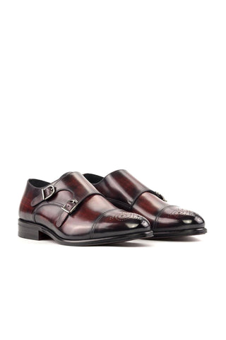 Ambrogio Handmade Burgundy Patina Leather Monk-Straps Loafers (AMB2353)-AmbrogioShoes