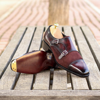 Ambrogio Handmade Burgundy Suede / Patina Leather Monk-Straps Loafers (AMB2418)-AmbrogioShoes