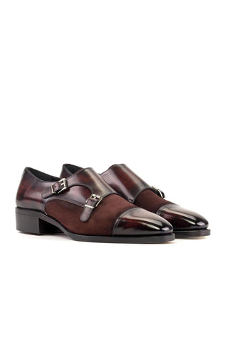 Ambrogio Handmade Burgundy Suede / Patina Leather Monk-Straps Loafers (AMB2418)-AmbrogioShoes