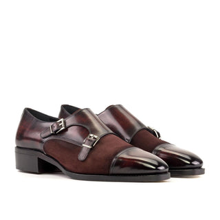 Ambrogio Handmade Burgundy Suede / Patina Leather Monk-Straps Loafers (AMB2418)-AmbrogioShoes