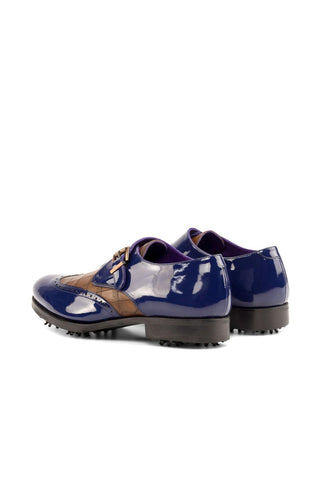 Ambrogio Handmade Cobalt Blue & Brown Crocodile Embossed / Patent Monk-Strap Golf Loafers (AMB2267)-AmbrogioShoes