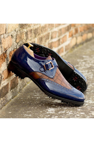 Ambrogio Handmade Cobalt Blue & Brown Crocodile Embossed / Patent Monk-Strap Golf Loafers (AMB2267)-AmbrogioShoes