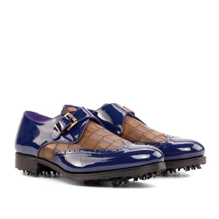Ambrogio Handmade Cobalt Blue & Brown Crocodile Print / Patent Leather Monk-Strap Golf Loafers (AMB2267)-AmbrogioShoes