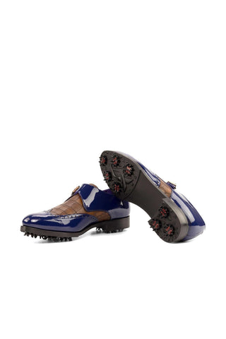 Ambrogio Handmade Cobalt Blue & Brown Crocodile Print / Patent Monk-Strap Golf Loafers (AMB2267)-AmbrogioShoes