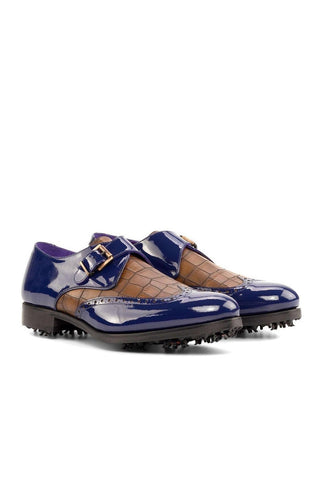 Ambrogio Handmade Cobalt Blue & Brown Crocodile Print / Patent Monk-Strap Golf Loafers (AMB2267)-AmbrogioShoes