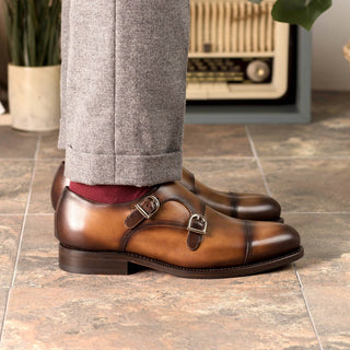 Ambrogio Handmade Cognac Calf-Skin Leather Cap-Toe Monk-Straps Loafers (AMB2301)-AmbrogioShoes